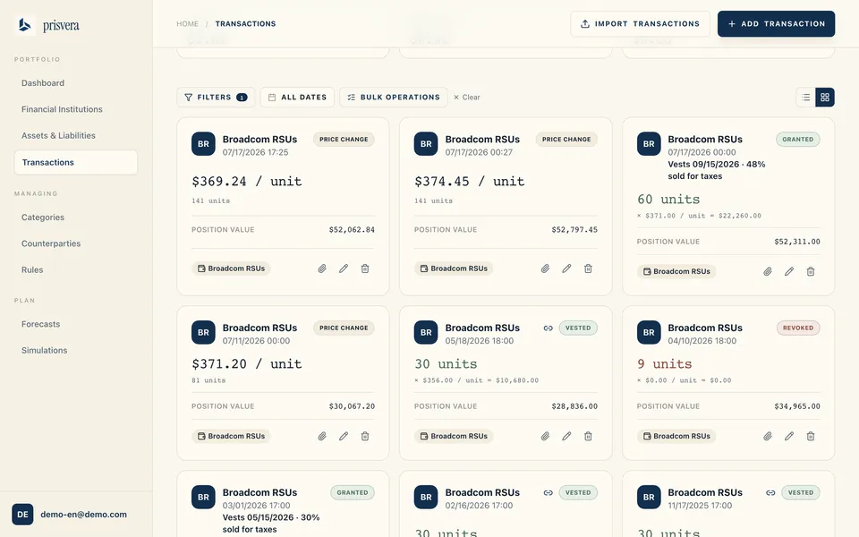An RSU ledger in Prisvera: grants, vesting dates and sell-to-cover, recorded as they are.