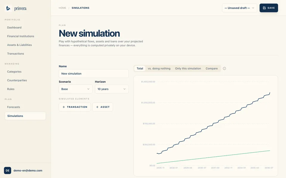 The Prisvera simulations playground: a hypothetical decision projected over ten years.