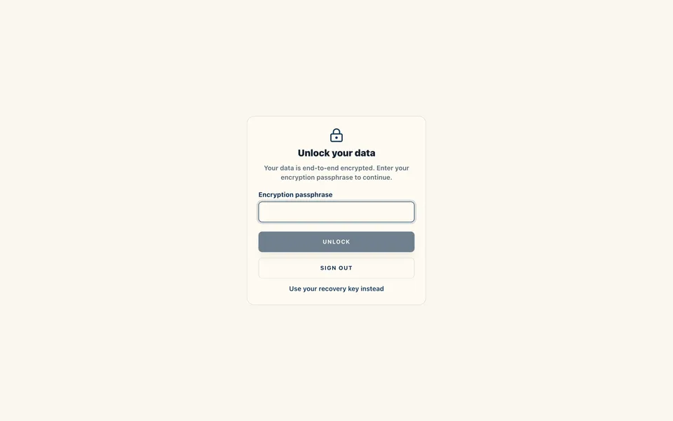 The Prisvera unlock screen, where your passphrase decrypts your data locally.